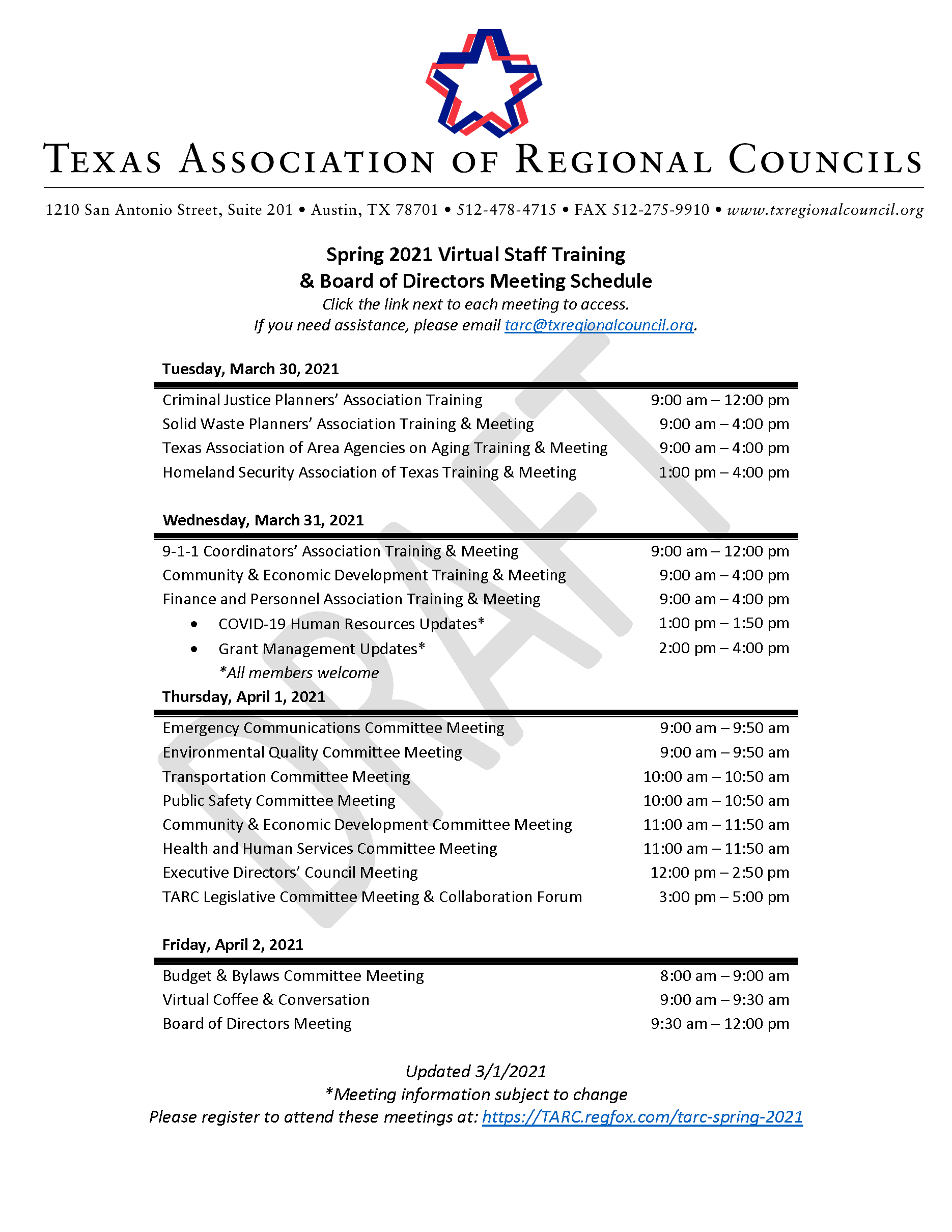 TARC Spring 2021 Virtual Staff Training & Board of Directors Meeting